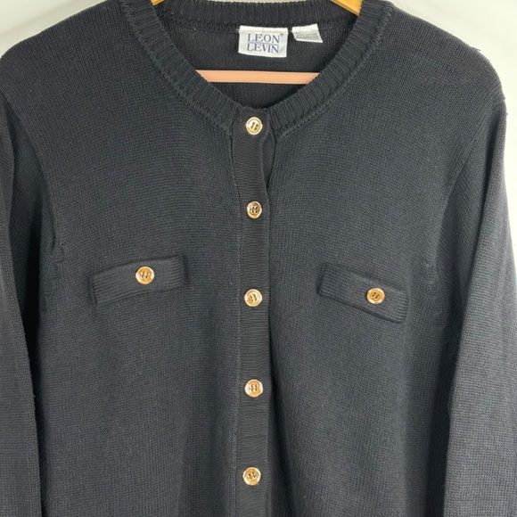 VTG Leon Levin Cardigan L Lady Jacket Cotton Black Gold Button Preppy Old Money - Picture 2 of 9